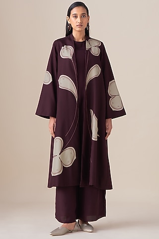 Burgundy Habutai Silk Motif Printed Mazira Jacket Set by AMPM
