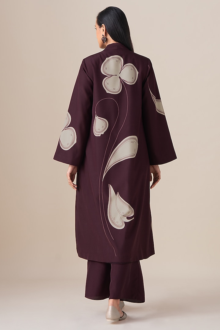 Burgundy Habutai Silk Motif Printed Mazira Jacket Set by AMPM at Pernia's Pop Up Shop