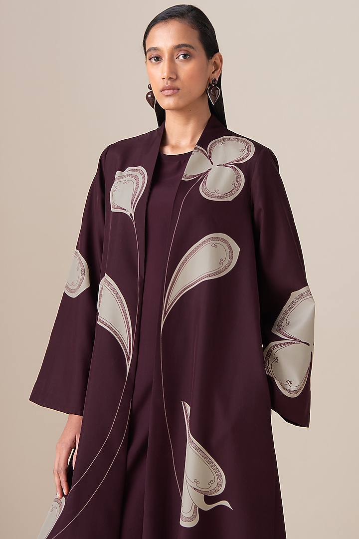 Burgundy Habutai Silk Motif Printed Mazira Jacket Set by AMPM at Pernia's Pop Up Shop