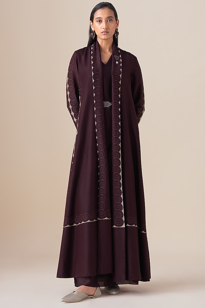 Burgundy Chanderi Afira Jacket Set by AMPM at Pernia's Pop Up Shop