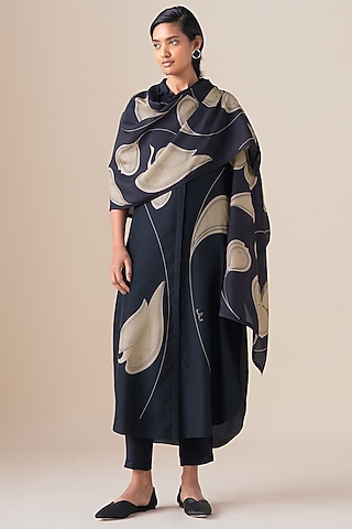 Black Silk Motif Printed Kanza Scarf by AMPM