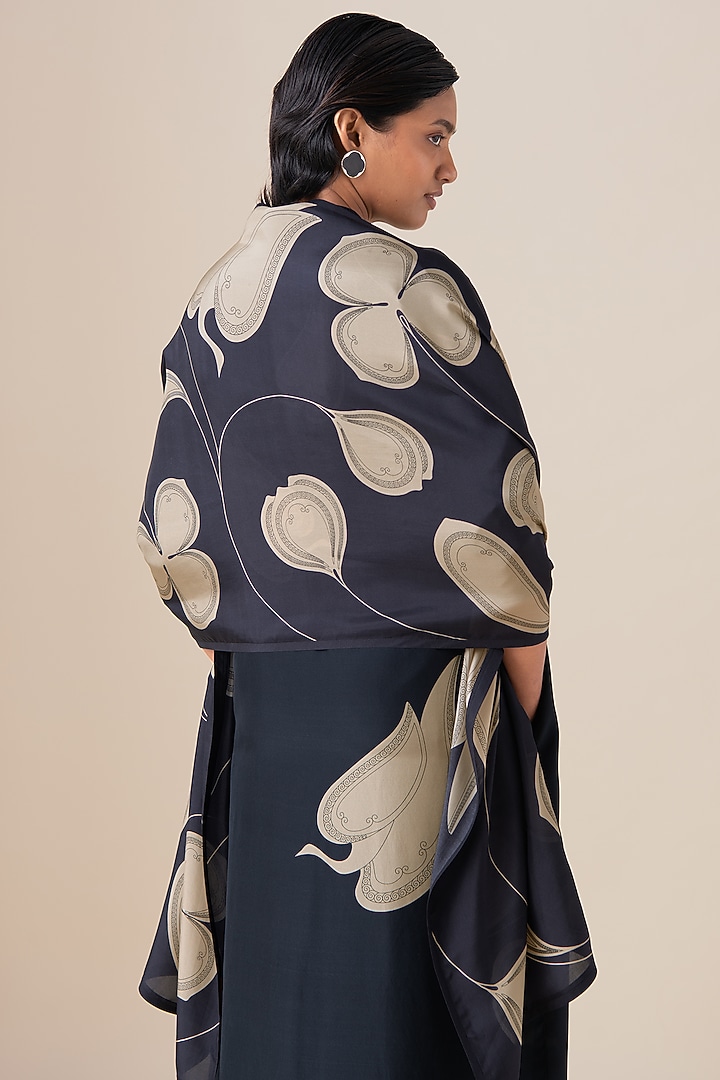 Black Silk Motif Printed Kanza Scarf by AMPM at Pernia's Pop Up Shop