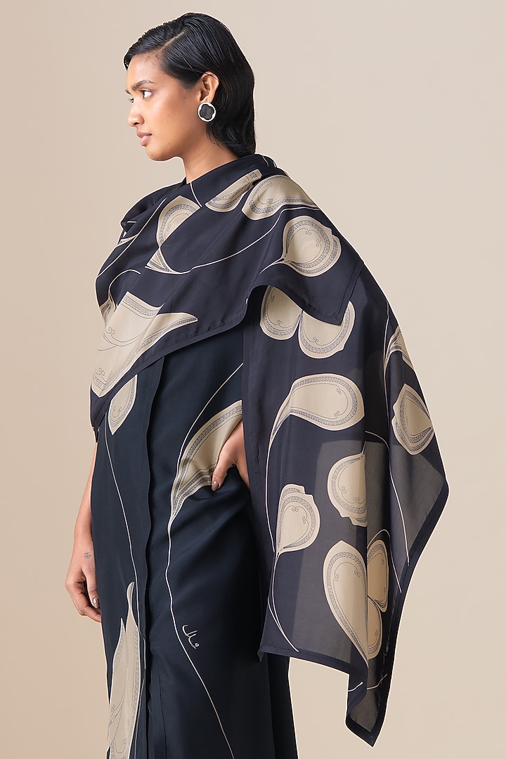 Black Silk Motif Printed Kanza Scarf by AMPM at Pernia's Pop Up Shop