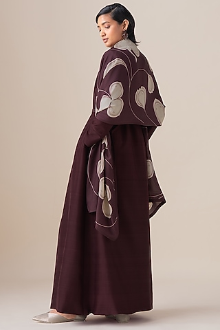 Burgundy Silk Motif Printed Kanza Scarf by AMPM