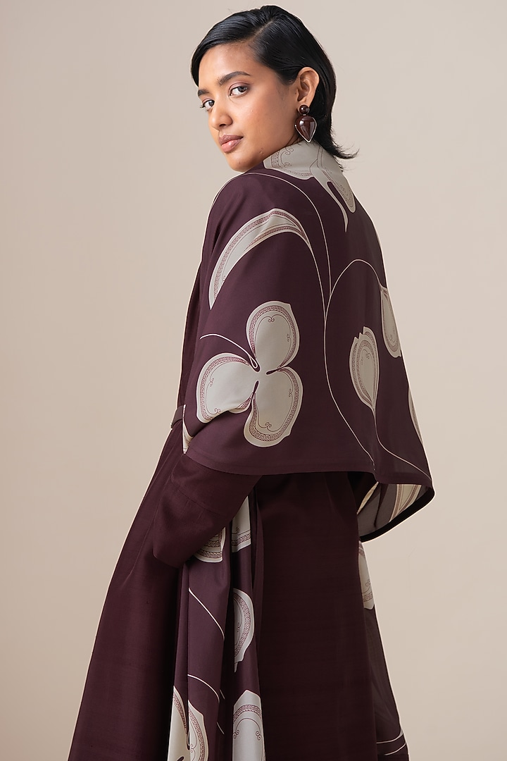 Burgundy Silk Motif Printed Kanza Scarf by AMPM at Pernia's Pop Up Shop