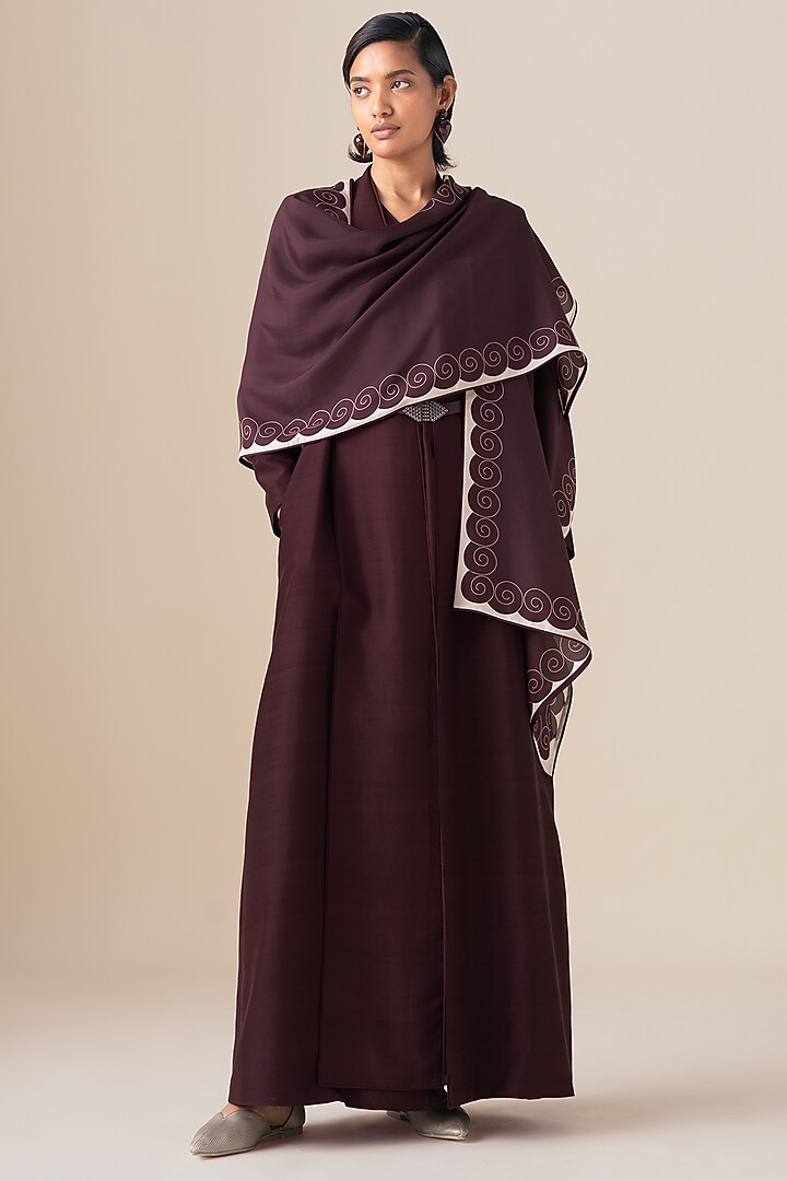 Burgundy Silk Motif Anah Scarf by AMPM at Pernia's Pop Up Shop