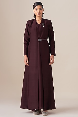 Burgundy Raw Silk Abaya Jacket Set by AMPM