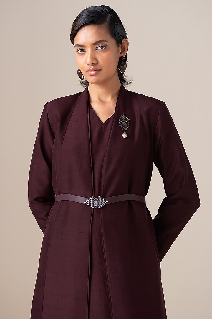 Burgundy Raw Silk Abaya Jacket Set by AMPM at Pernia's Pop Up Shop