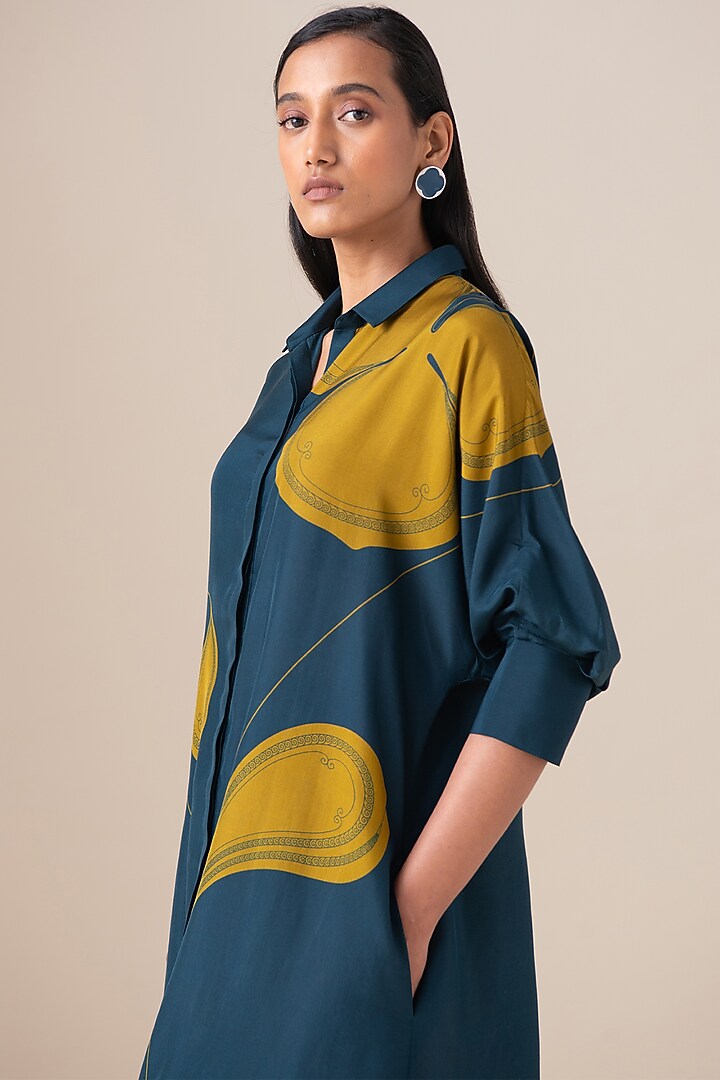 Midnight Blue Habutai Silk Motif Printed Tunic Set by AMPM at Pernia's Pop Up Shop