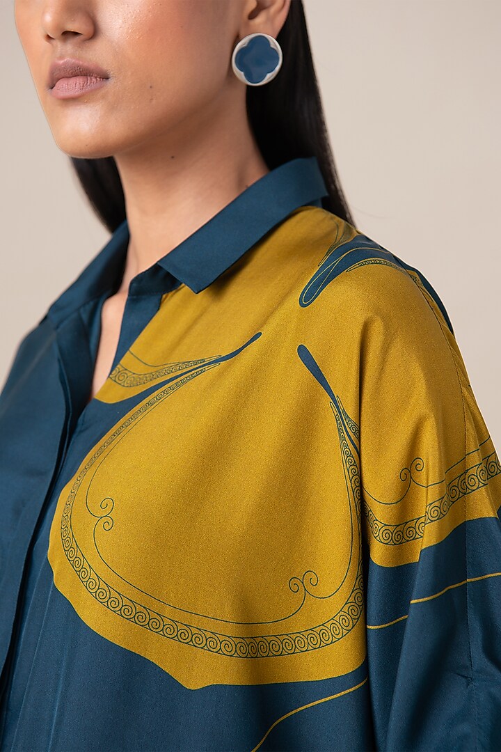 Midnight Blue Habutai Silk Motif Printed Tunic Set by AMPM at Pernia's Pop Up Shop