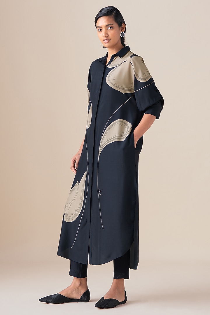 Black Habutai Silk Motif Printed Tunic Set by AMPM at Pernia's Pop Up Shop