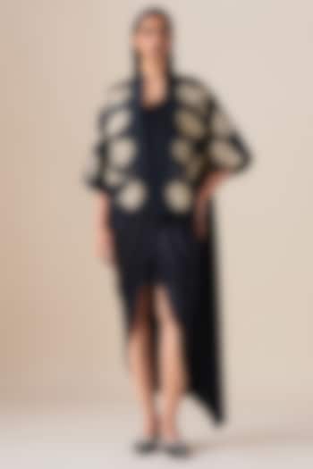 Black Habutai Silk Draped Jacket Wedding Saree Set by AMPM at Pernia's Pop Up Shop