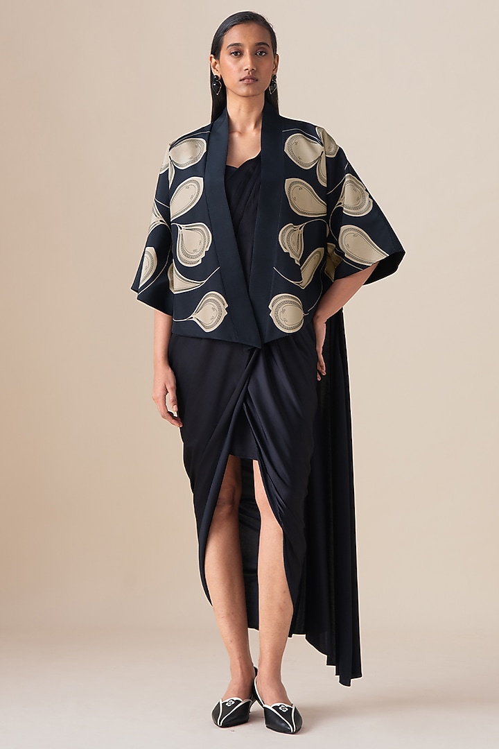 Black Habutai Silk Draped Jacket Wedding Saree Set by AMPM at Pernia's Pop Up Shop