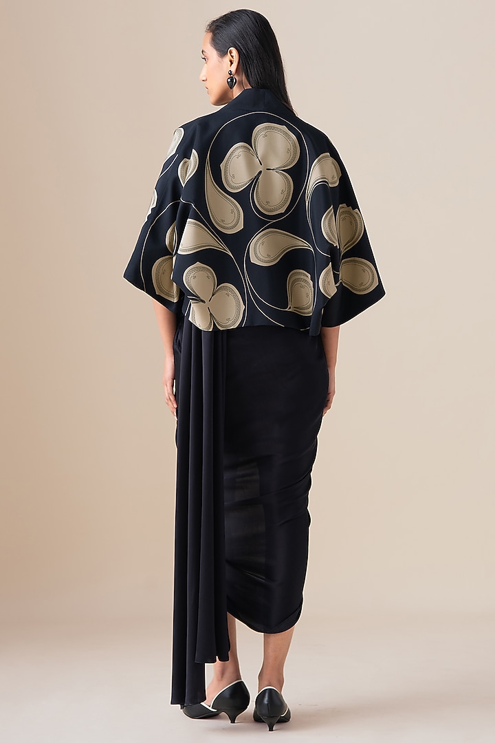 Black Habutai Silk Draped Jacket Wedding Saree Set by AMPM at Pernia's Pop Up Shop