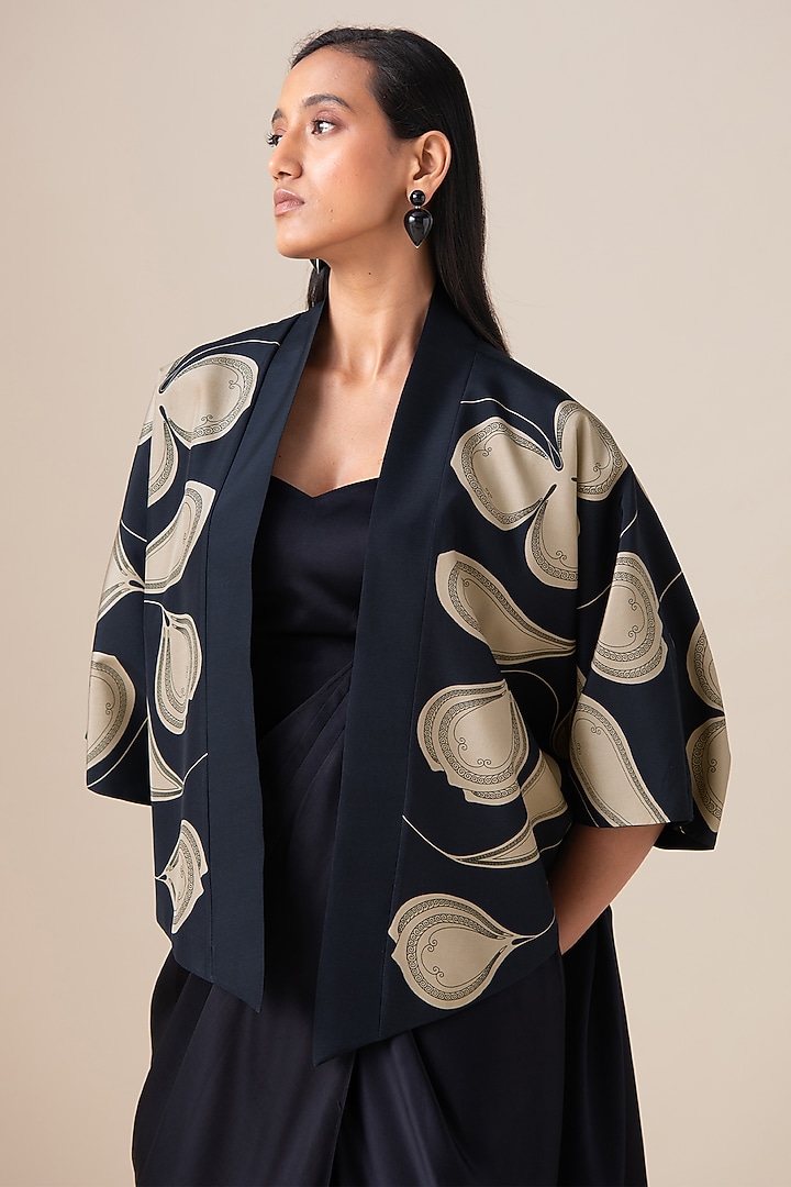 Black Habutai Silk Draped Jacket Wedding Saree Set by AMPM at Pernia's Pop Up Shop