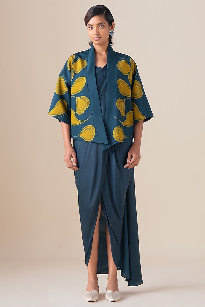 Midnight Blue Habutai Silk Draped Jacket Wedding Saree Set by AMPM at Pernia's Pop Up Shop