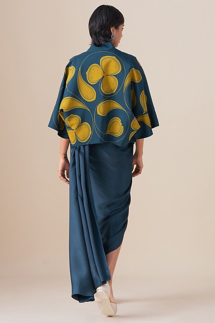 Midnight Blue Habutai Silk Draped Jacket Wedding Saree Set by AMPM at Pernia's Pop Up Shop