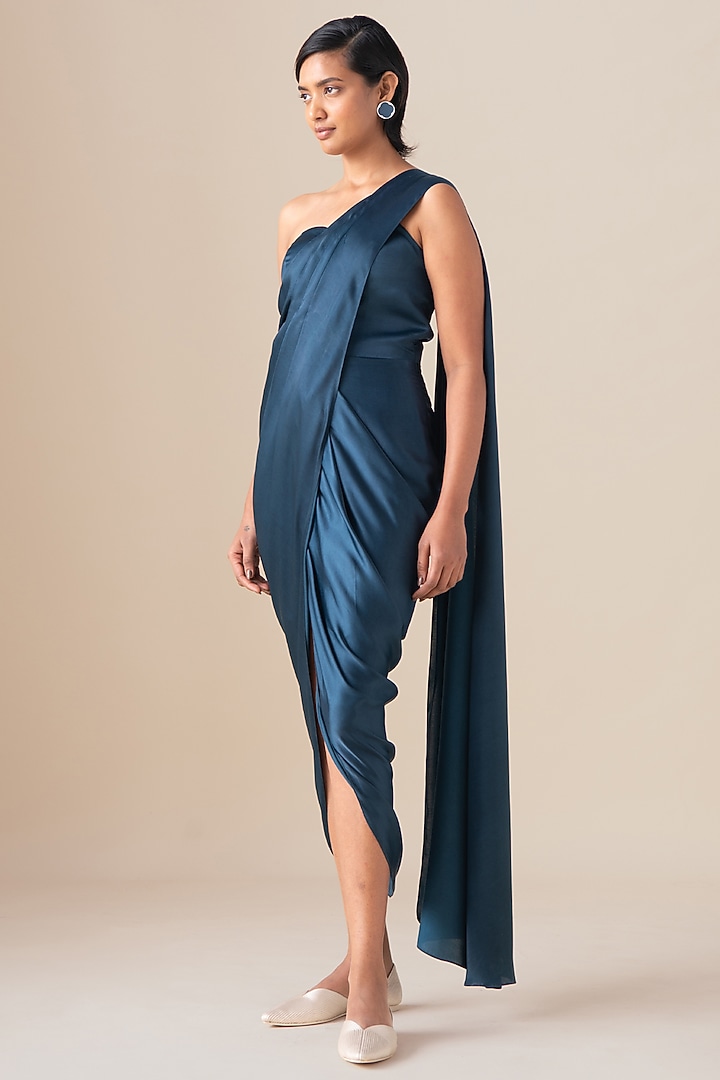 Midnight Blue Habutai Silk Draped Jacket Wedding Saree Set by AMPM at Pernia's Pop Up Shop