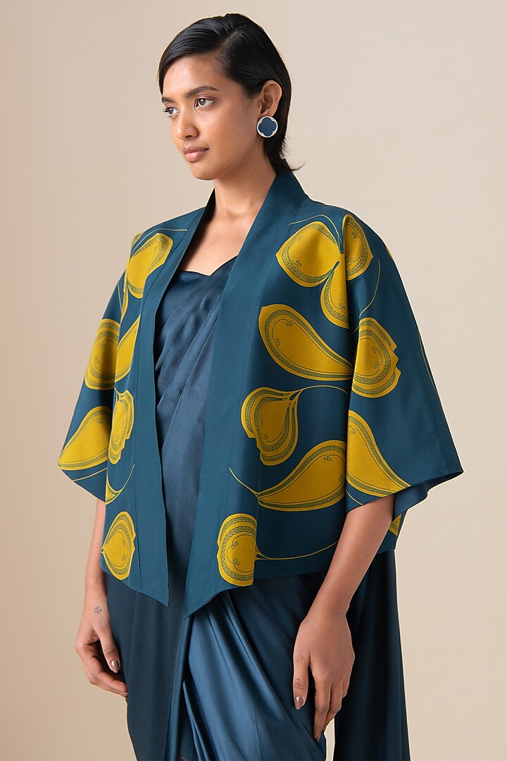 Midnight Blue Habutai Silk Draped Jacket Wedding Saree Set by AMPM at Pernia's Pop Up Shop