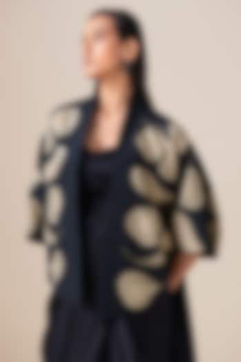 Black Habutai Silk Motif Embellished Jacket by AMPM at Pernia's Pop Up Shop