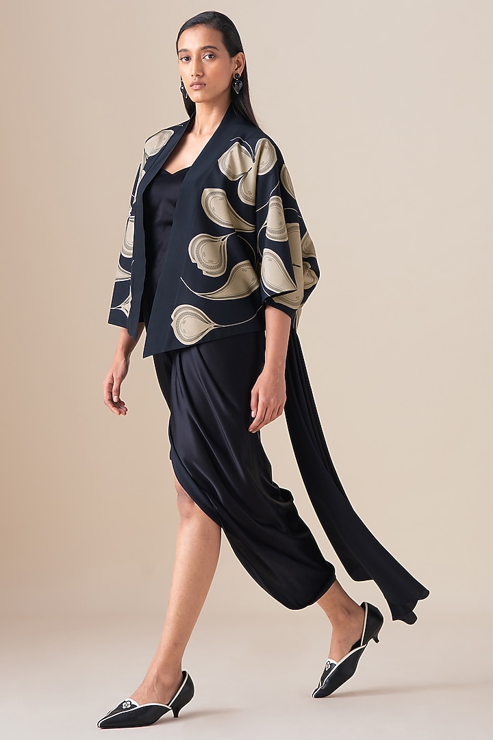 Black Habutai Silk Motif Embellished Jacket by AMPM at Pernia's Pop Up Shop