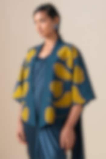 Midnight Blue Habutai Silk Motif Embellished Jacket by AMPM at Pernia's Pop Up Shop