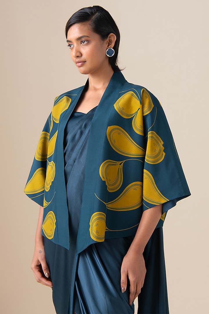 Midnight Blue Habutai Silk Motif Embellished Jacket by AMPM at Pernia's Pop Up Shop