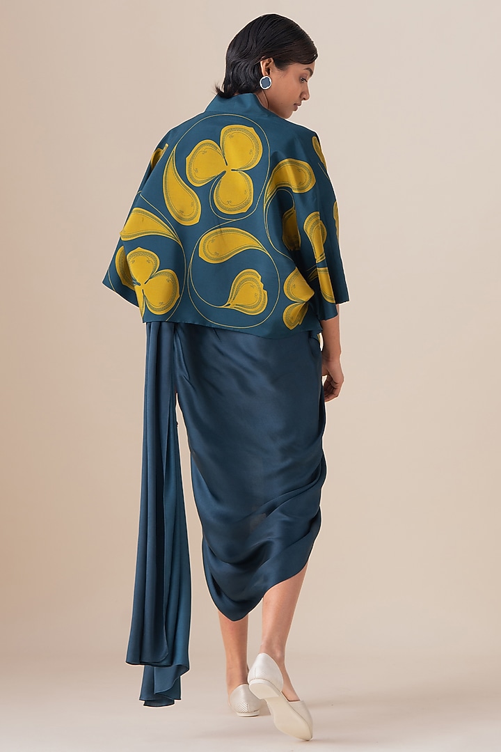Midnight Blue Habutai Silk Motif Embellished Jacket by AMPM at Pernia's Pop Up Shop