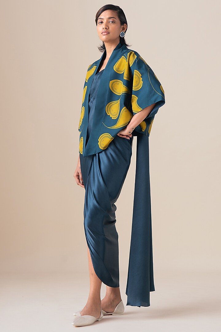 Midnight Blue Habutai Silk Motif Embellished Jacket by AMPM at Pernia's Pop Up Shop