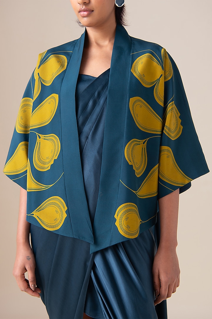 Midnight Blue Habutai Silk Motif Embellished Jacket by AMPM at Pernia's Pop Up Shop