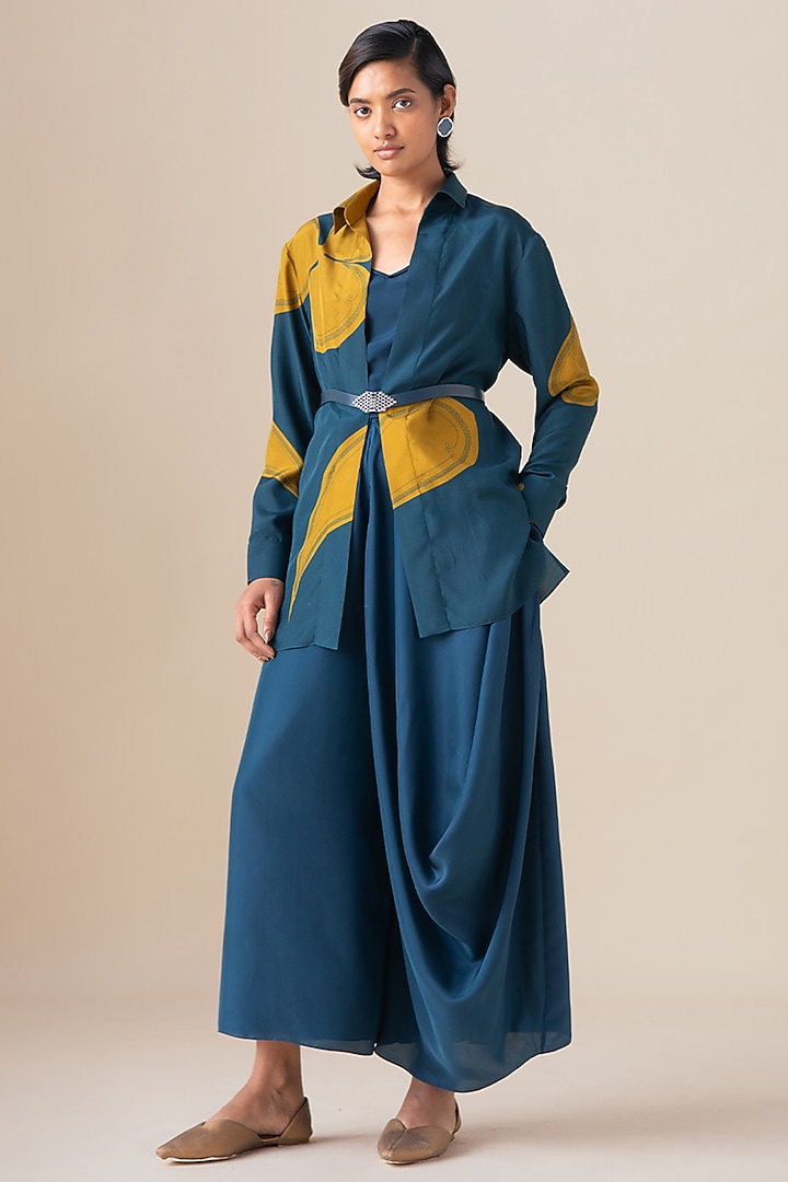 Midnight Blue Habutai Silk Asymmetrical Drape Pants by AMPM at Pernia's Pop Up Shop