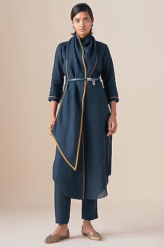 Midnight Blue Pure Linen Tunic Set by AMPM