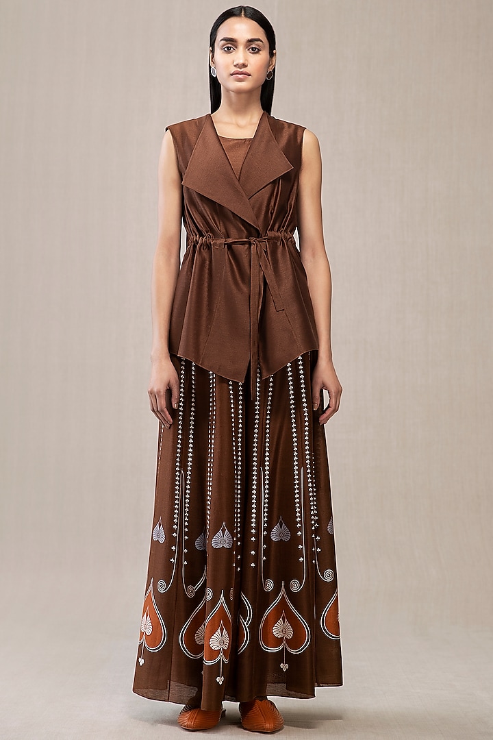 Dusty Brown Chanderi Throw Jacket Set by AMPM