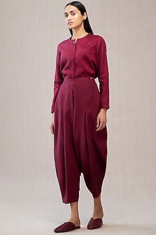 Wine Linen Jodhpuri Pants by AMPM