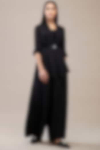 Black Viscose Lycra & Satin Organza Jacket Dress by AMPM