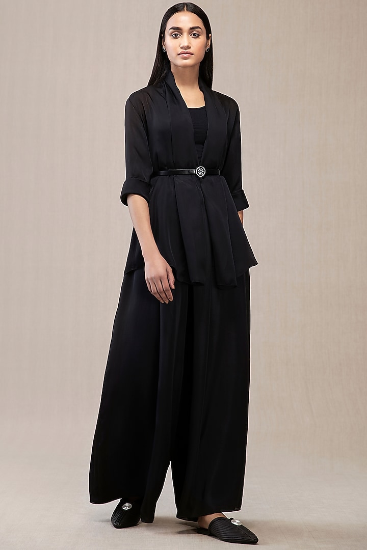 Black Viscose Lycra & Satin Organza Jacket Dress by AMPM
