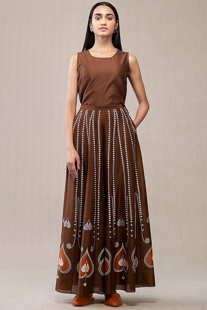 Dusty Brown Printed Flared Palazzo Pants by AMPM