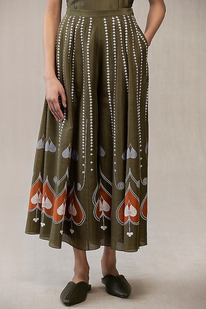Olive Printed Flared Palazzo Pants by AMPM
