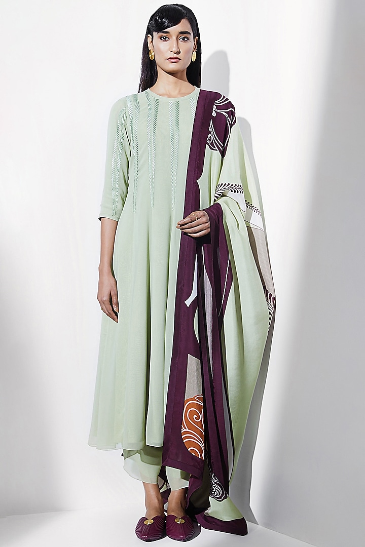 Moss Green Hand Embroidered Jacket Anarkali Set by AMPM