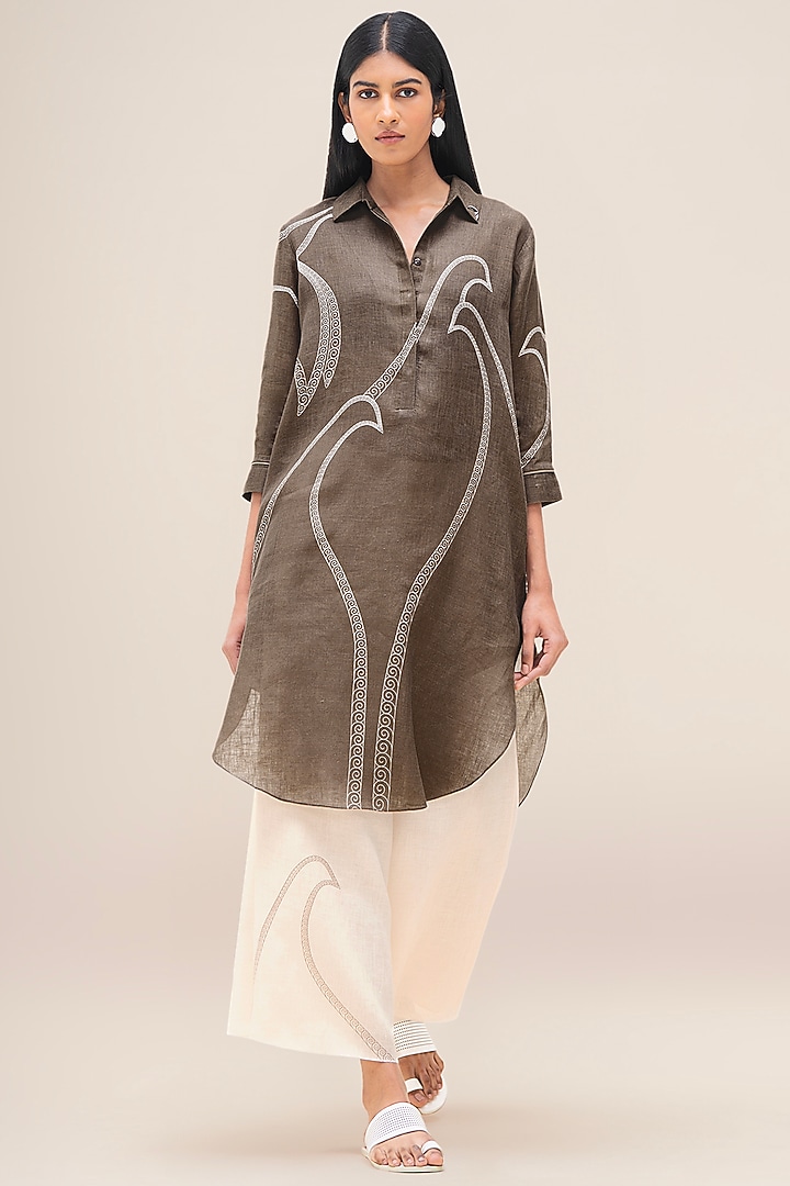 Taupe Brown Pure Linen Tunic Set by AMPM at Pernia's Pop Up Shop