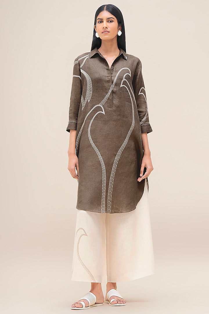 Taupe Brown Pure Linen Tunic Set by AMPM at Pernia's Pop Up Shop