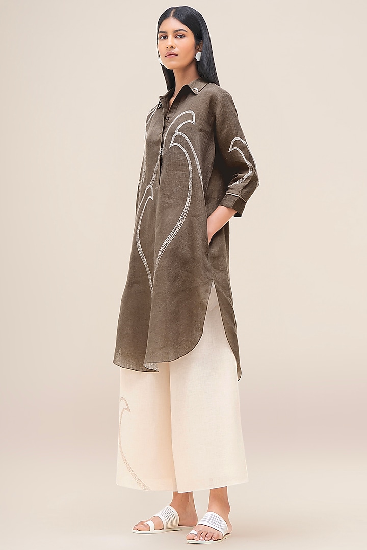 Taupe Brown Pure Linen Tunic Set by AMPM at Pernia's Pop Up Shop