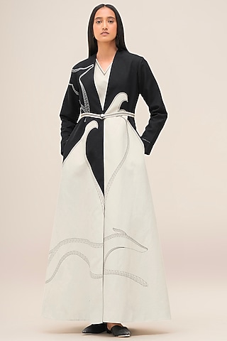 Charcoal Black & Ivory Cotton Linen Abaya by AMPM