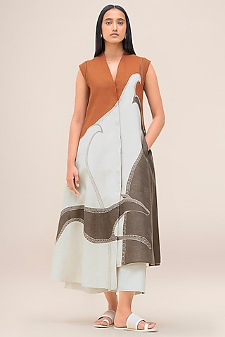 Tan & Taupe Brown Linen Jacket Set by AMPM