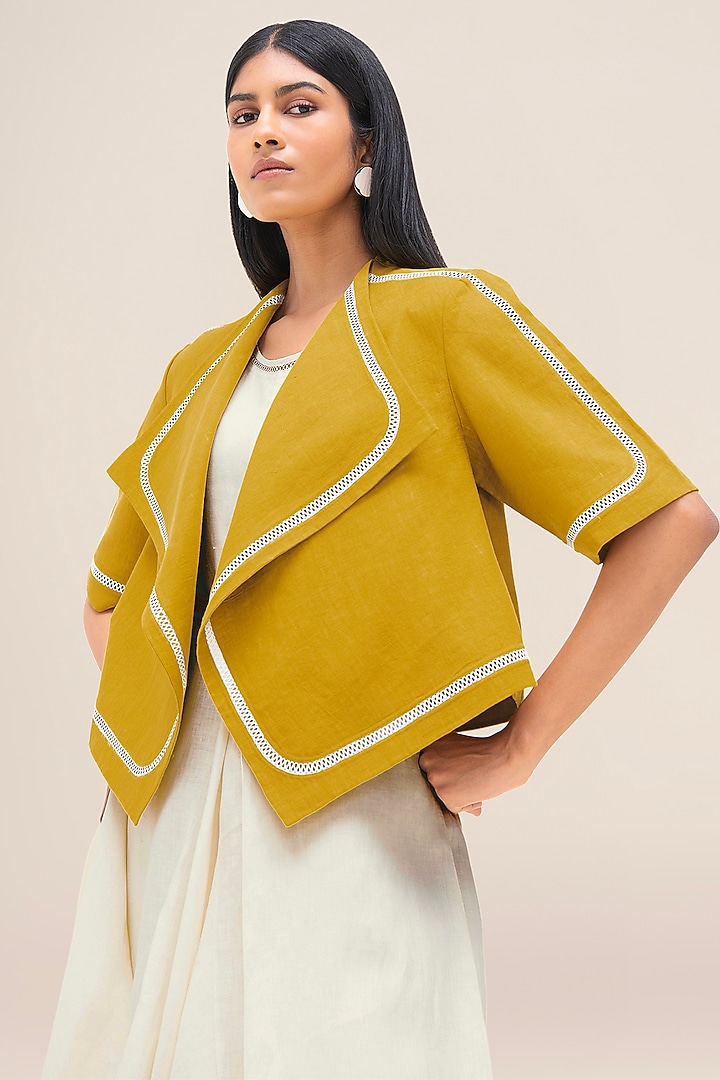 Mustard Yellow Pure Linen Jacket by AMPM at Pernia's Pop Up Shop