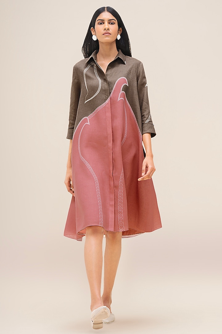 Taupe & Flamingo Pure Linen Shirt Vacation Dress by AMPM at Pernia's Pop Up Shop