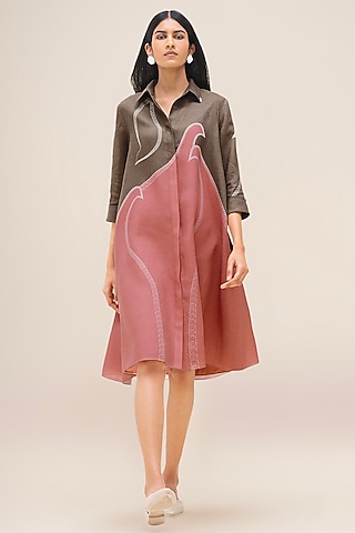 Taupe & Flamingo Pure Linen Shirt Dress by AMPM
