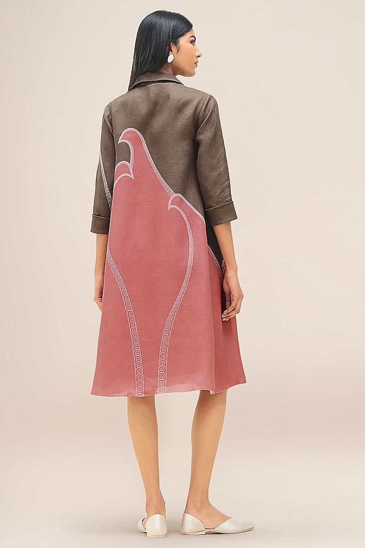 Taupe & Flamingo Pure Linen Shirt Vacation Dress by AMPM at Pernia's Pop Up Shop