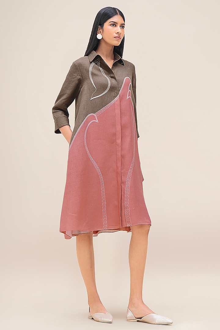 Taupe & Flamingo Pure Linen Shirt Vacation Dress by AMPM at Pernia's Pop Up Shop