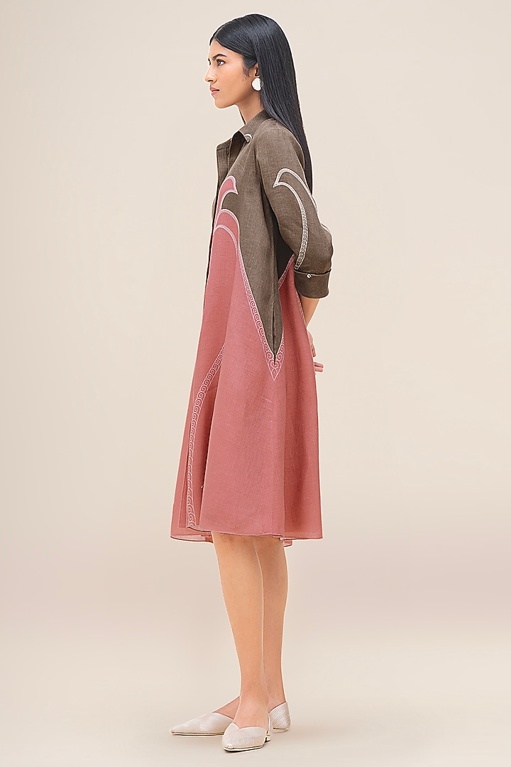 Taupe & Flamingo Pure Linen Shirt Vacation Dress by AMPM at Pernia's Pop Up Shop